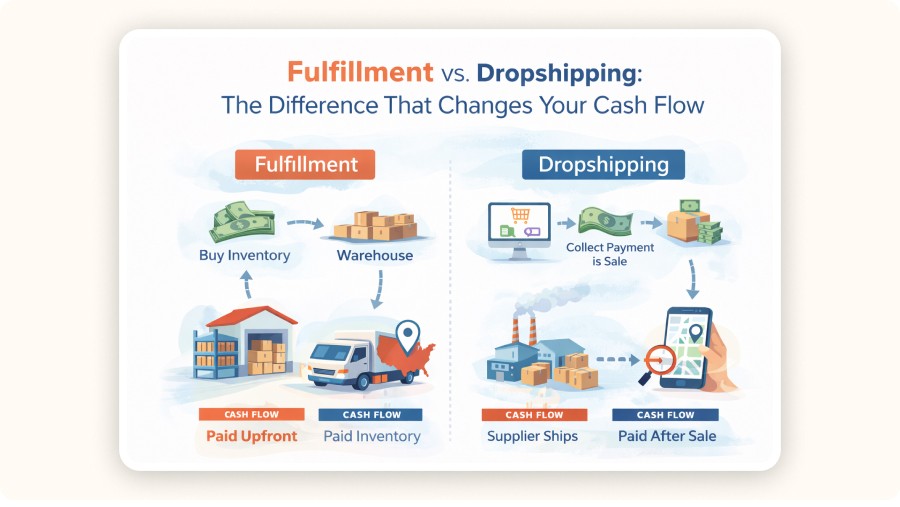 Fulfillment vs dropshipping diagram comparing inventory, shipping, and cash flow