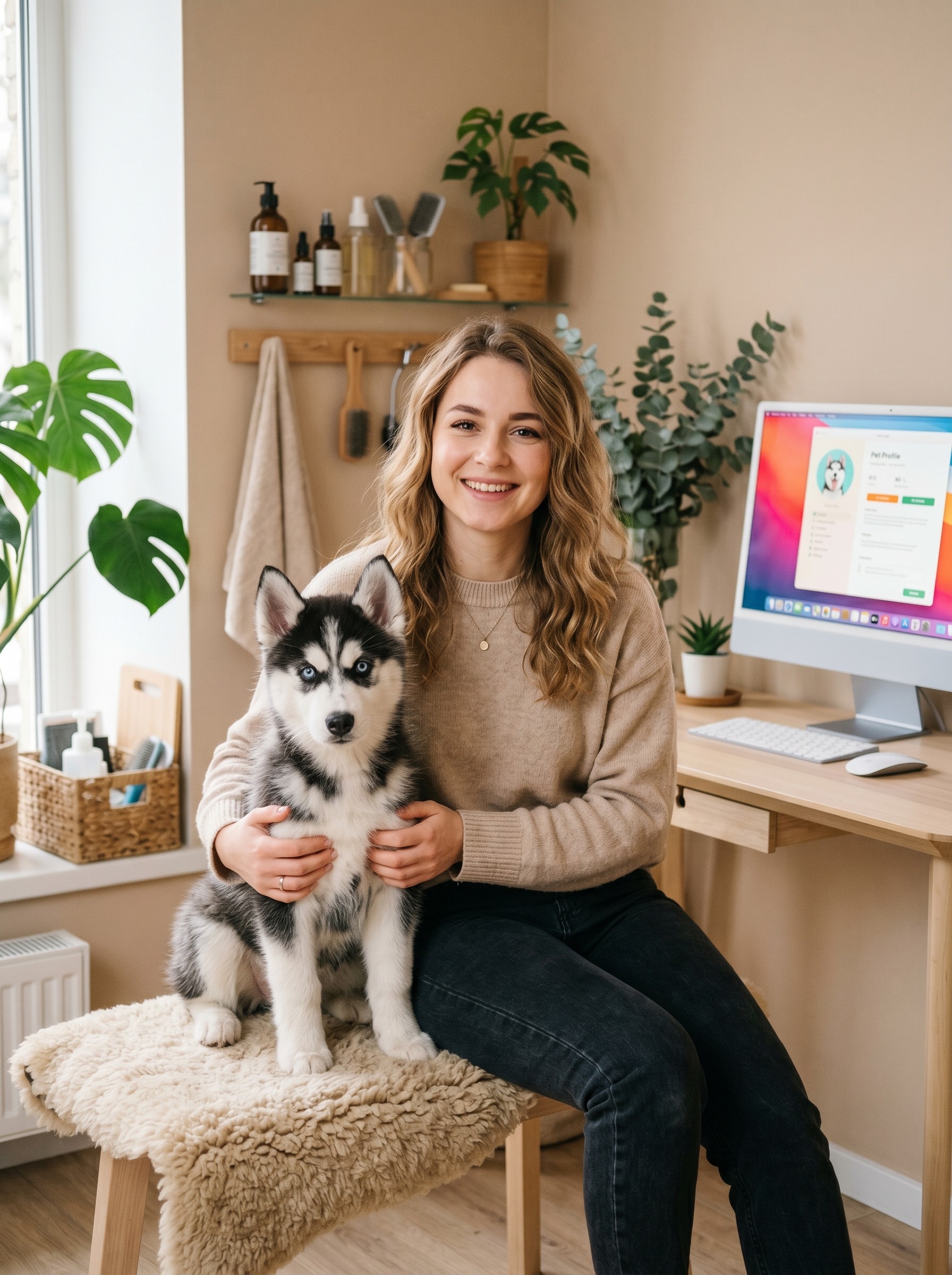 a brown and white dog sitting on top of a white floor