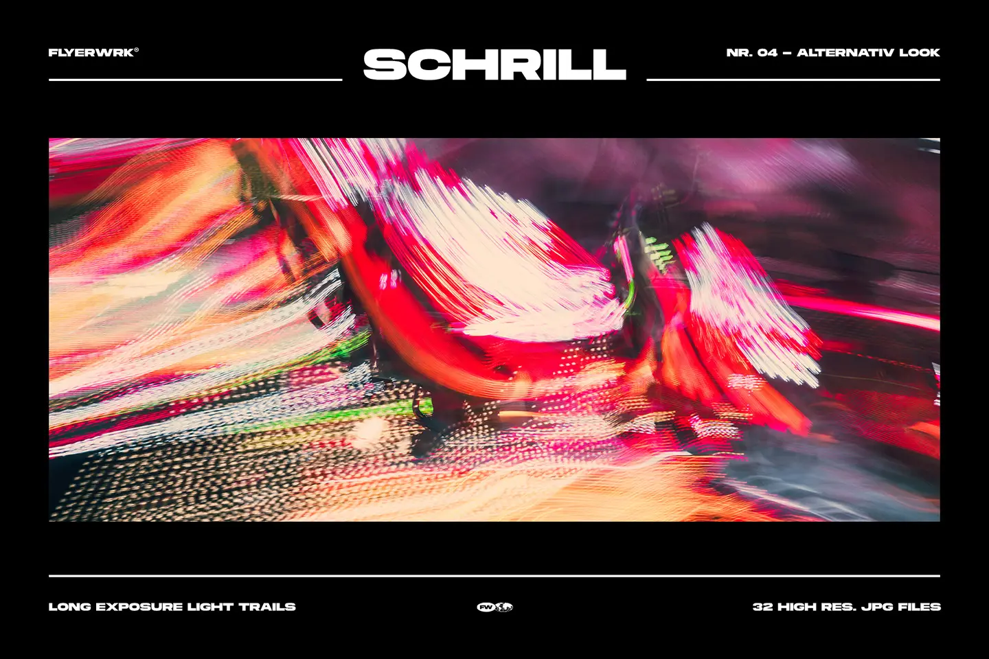 Schrill alternative look light streak background with high-contrast neon light trails and long-exposure photographic details.