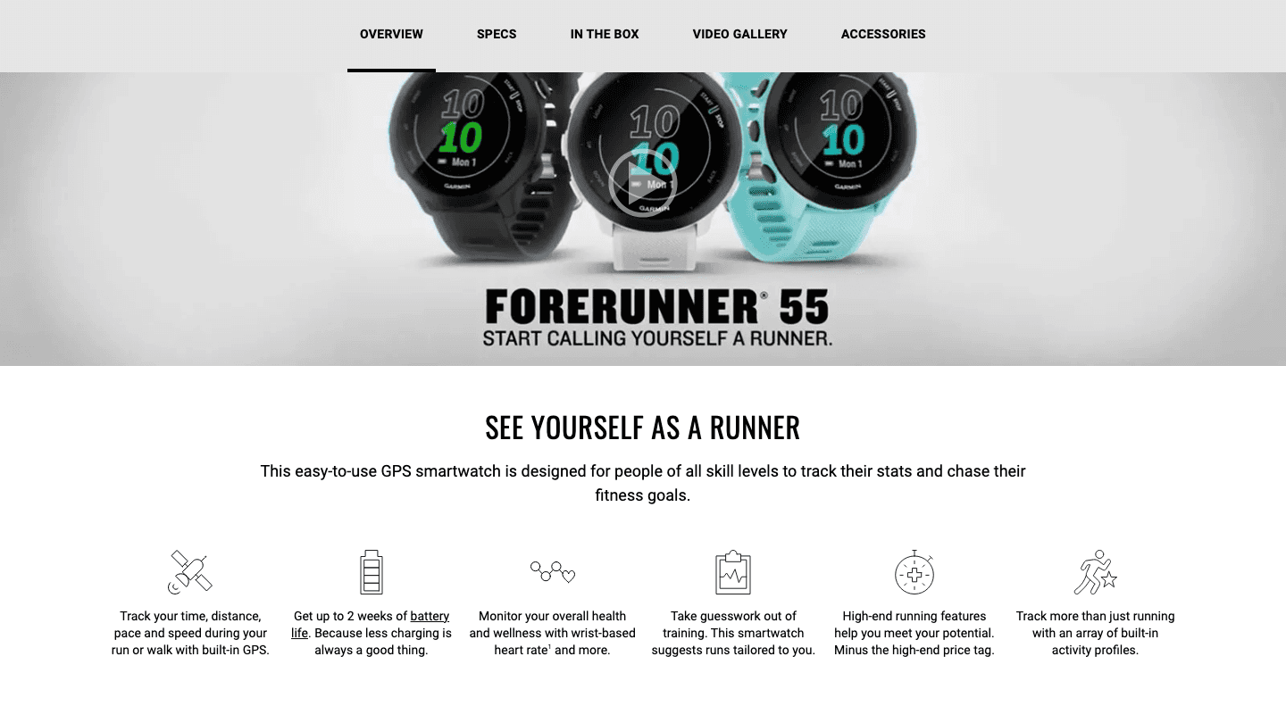 Garmin Forerunner 55 product page showing the GPS running watch