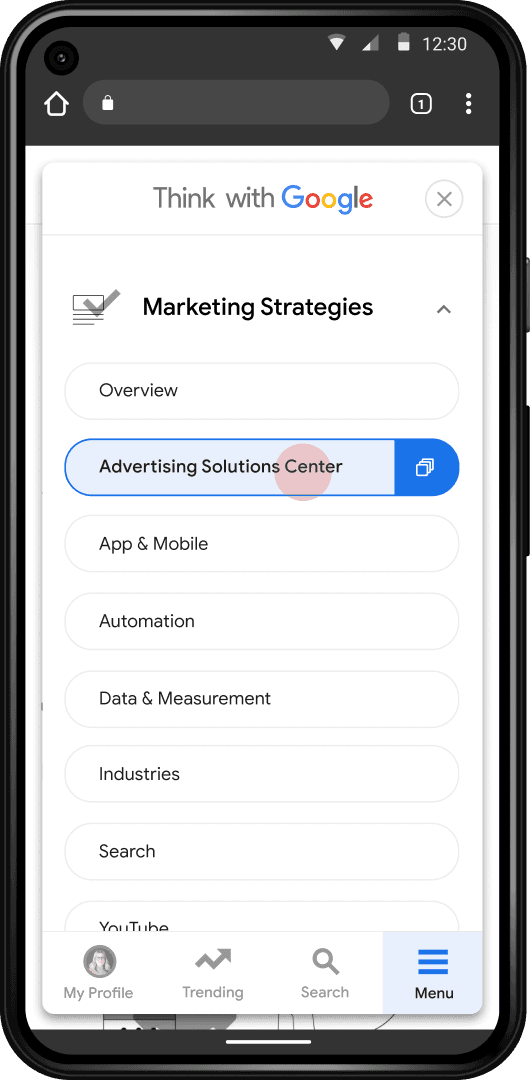 Mobile screen display of the Think with Google home page