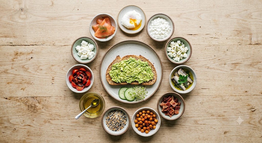 A top-down photograph on a rustic wooden table showing a slice of avocado toast surrounded by various small bowls of high-protein and flavorful toppings, including poached egg, smoked salmon, chickpeas, and bacon, designed for a nutritional comparison guide.
