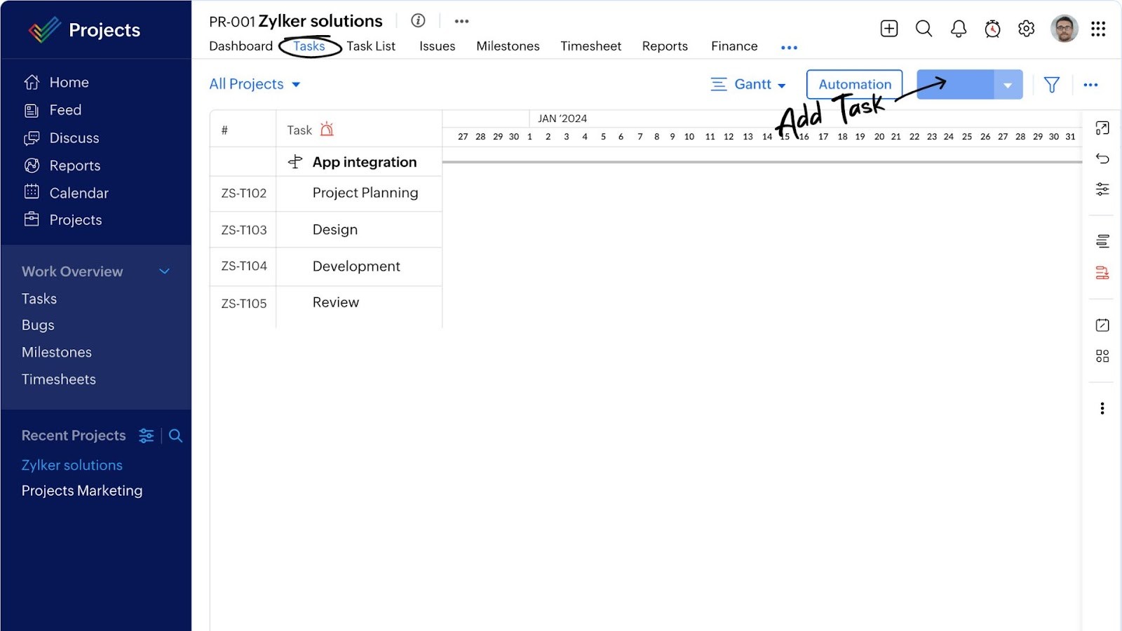 Zoho Projects' toolset for project planning and execution
