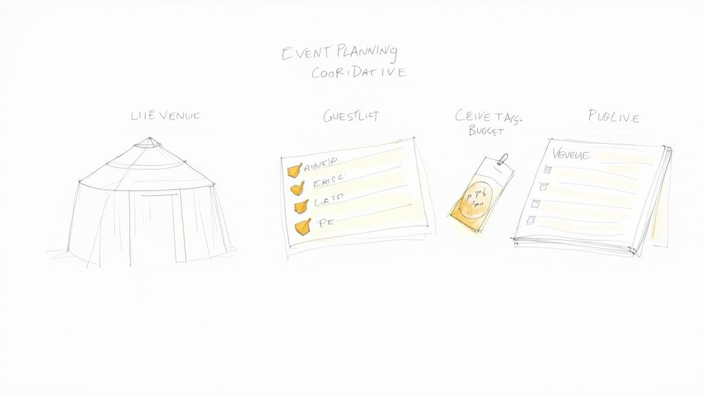 Event planning coordination sketch showing venue tent, guest list, budget tag, and timeline documents