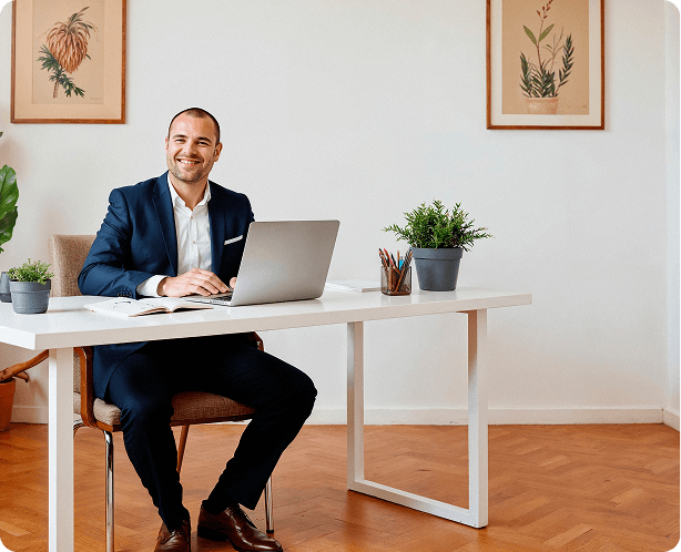 Person in business attire working at a desk with a laptop