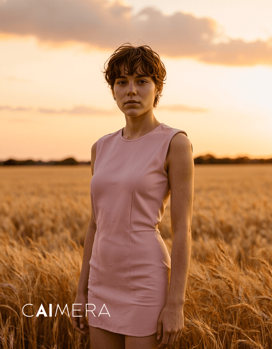 Person in pink sleeveless dress standing in golden wheat field during sunset, warm orange sky creating dreamy summer atmosphere