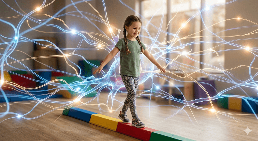 A high-quality conceptual image of a young child balancing confidently on a colorful therapy beam. Soft, glowing, abstract neural pathways overlay the background, representing the connection between physical movement and brain development. Professional, scientific yet warm and optimistic aesthetic.