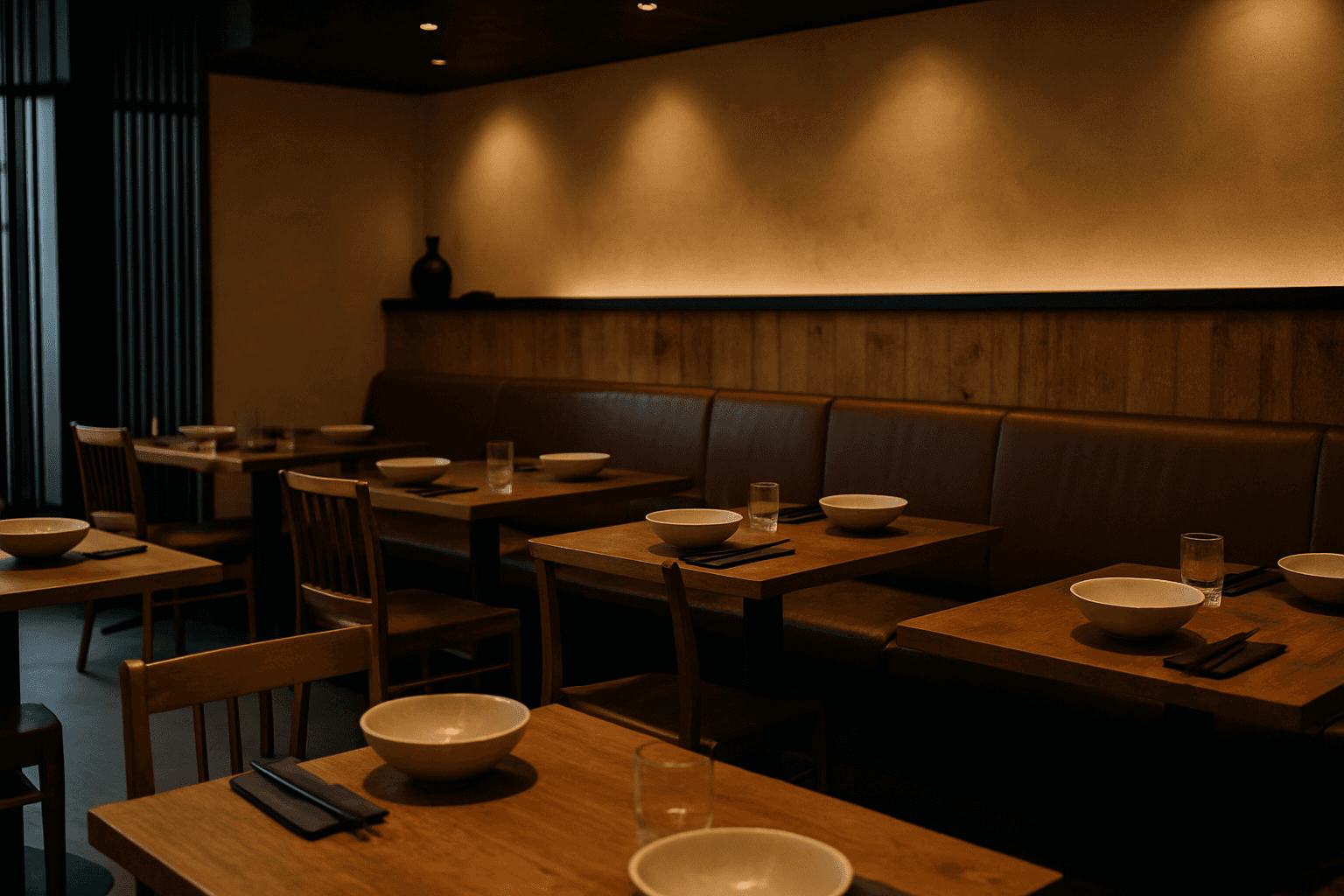 Warm interior of a modern Asian restaurant in South Melbourne with timber tables, matte-black accents, and minimal table settings — documentary-style hospitality photography.