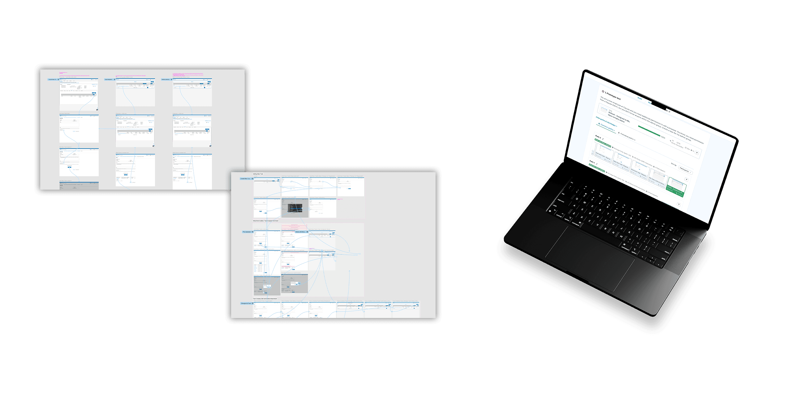 A view of some of the high def wireframes with protyping, a long with a mockup view of the usability testing software