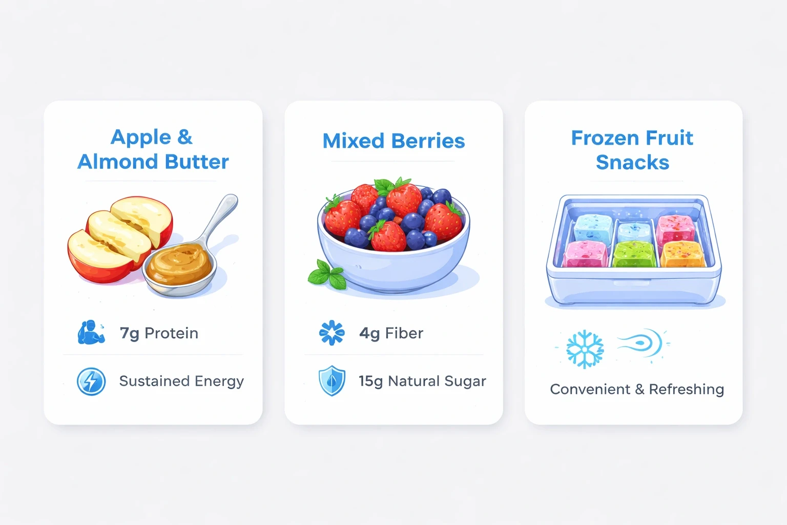 Three modern informational cards displaying fruit snack combinations with icons and nutrition stats on a light gray background.