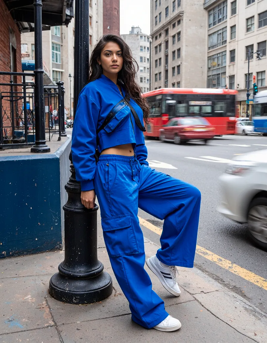 Person in vibrant blue athleisure outfit standing on city sidewalk with blurred traffic and tall buildings in background