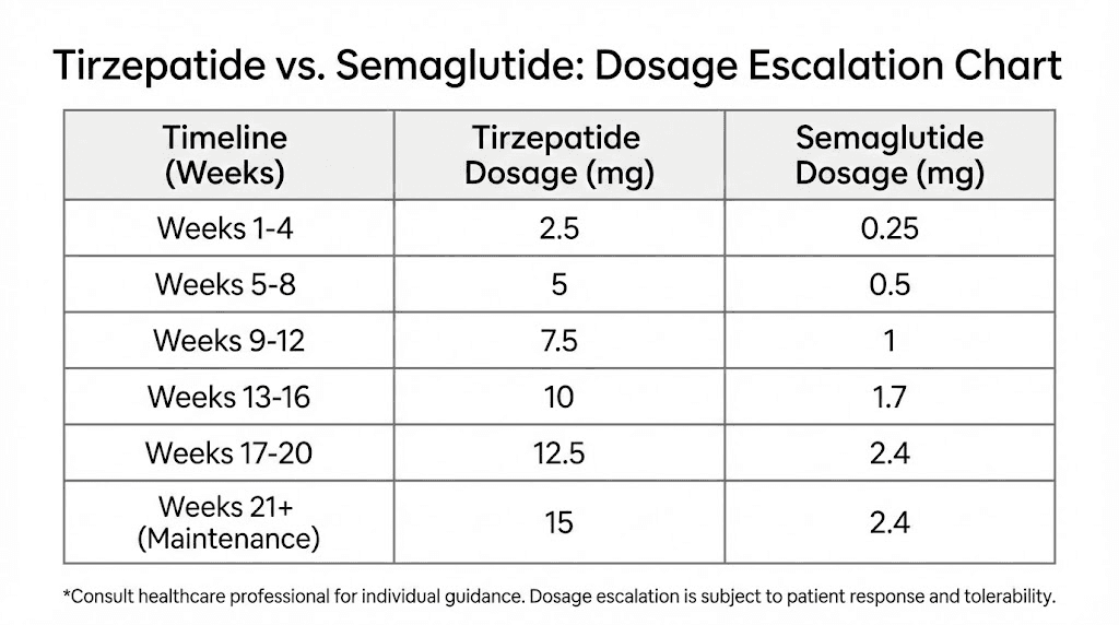 Tirzepatide dosage escalation chart from 2.5 mg to 15 mg over 20 weeks