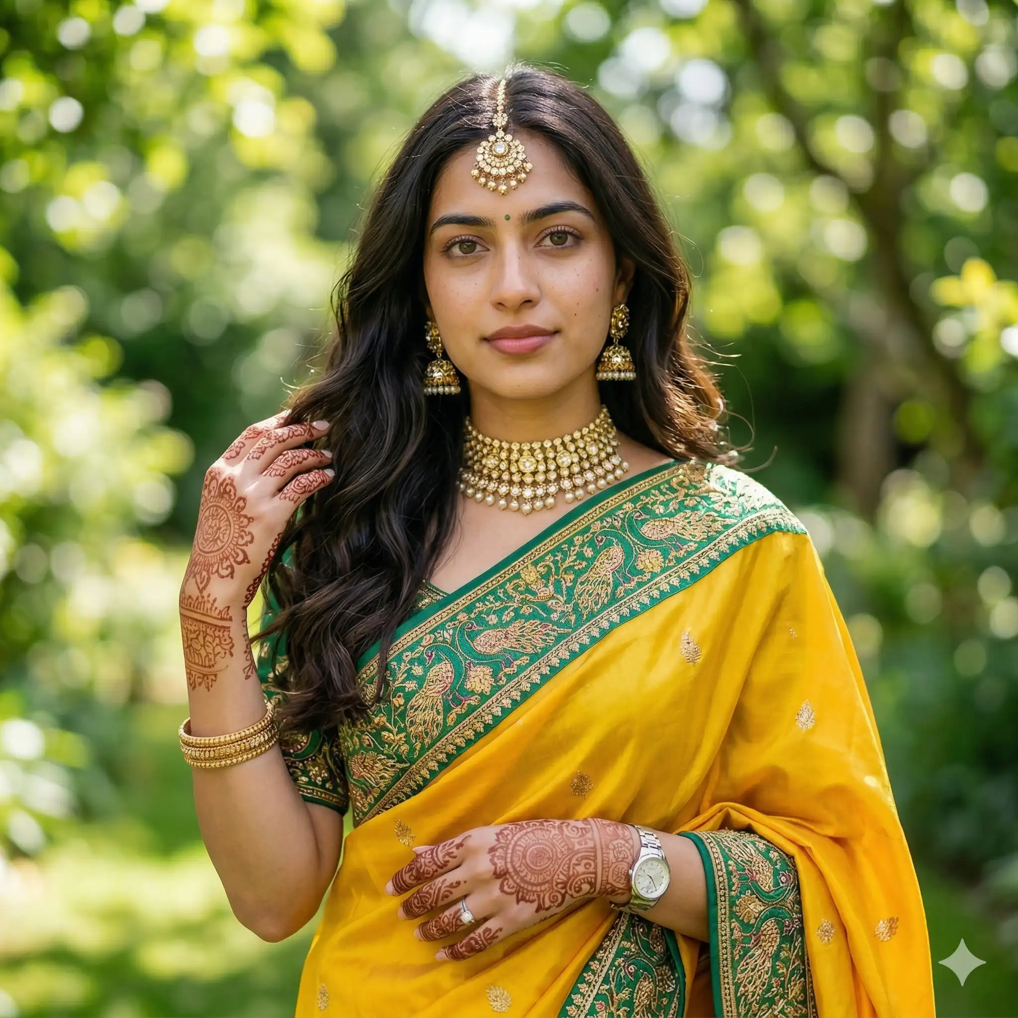 AI-generated portrait of an Indian woman wearing a bright yellow saree with a green peacock border, showcasing intricate henna on her hands and traditional gold jewelry. Generated for the AI portfolio of Mahendra R.