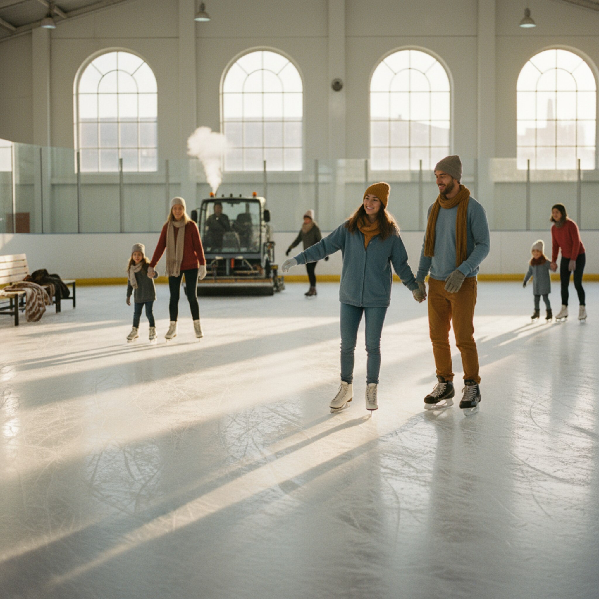 Am frühen Abend gleiten Familien und Freundesgruppen über eine frisch aufbereitete Eisfläche. Warmes Licht fällt durch hohe Fenster, Atemwolken stehen in der kühlen Luft. Ein Paar hält kurz an, lacht und dreht eine vorsichtige Pirouette. Im Hintergrund zieht der Eismeister gleichmäßige Bahnen.