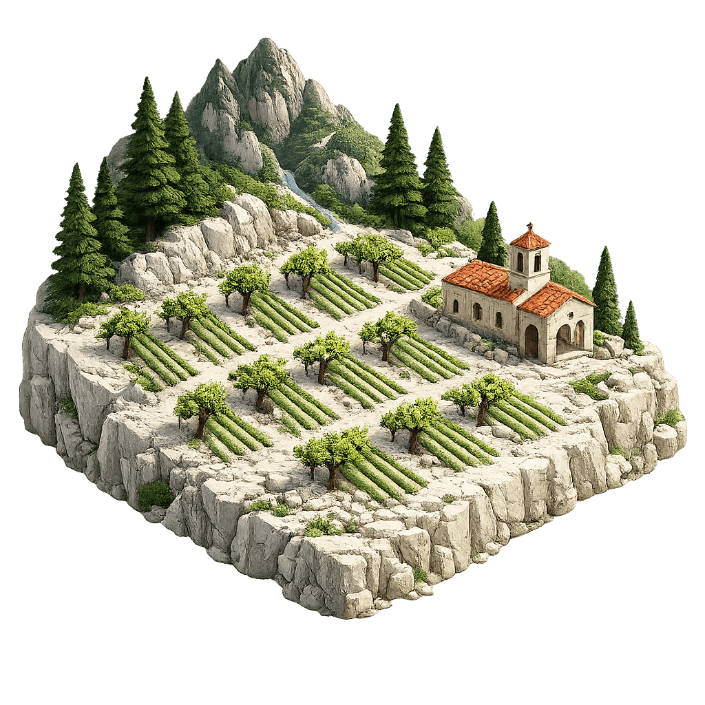 Artistic illustration of the Cephalonia wine region.