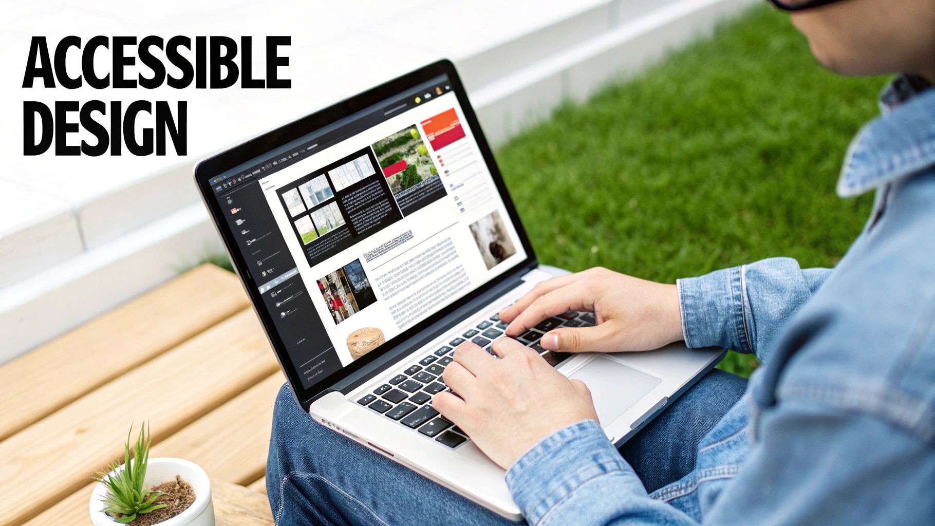 Person on a wooden bench outdoors, using a laptop to create an accessible website design.