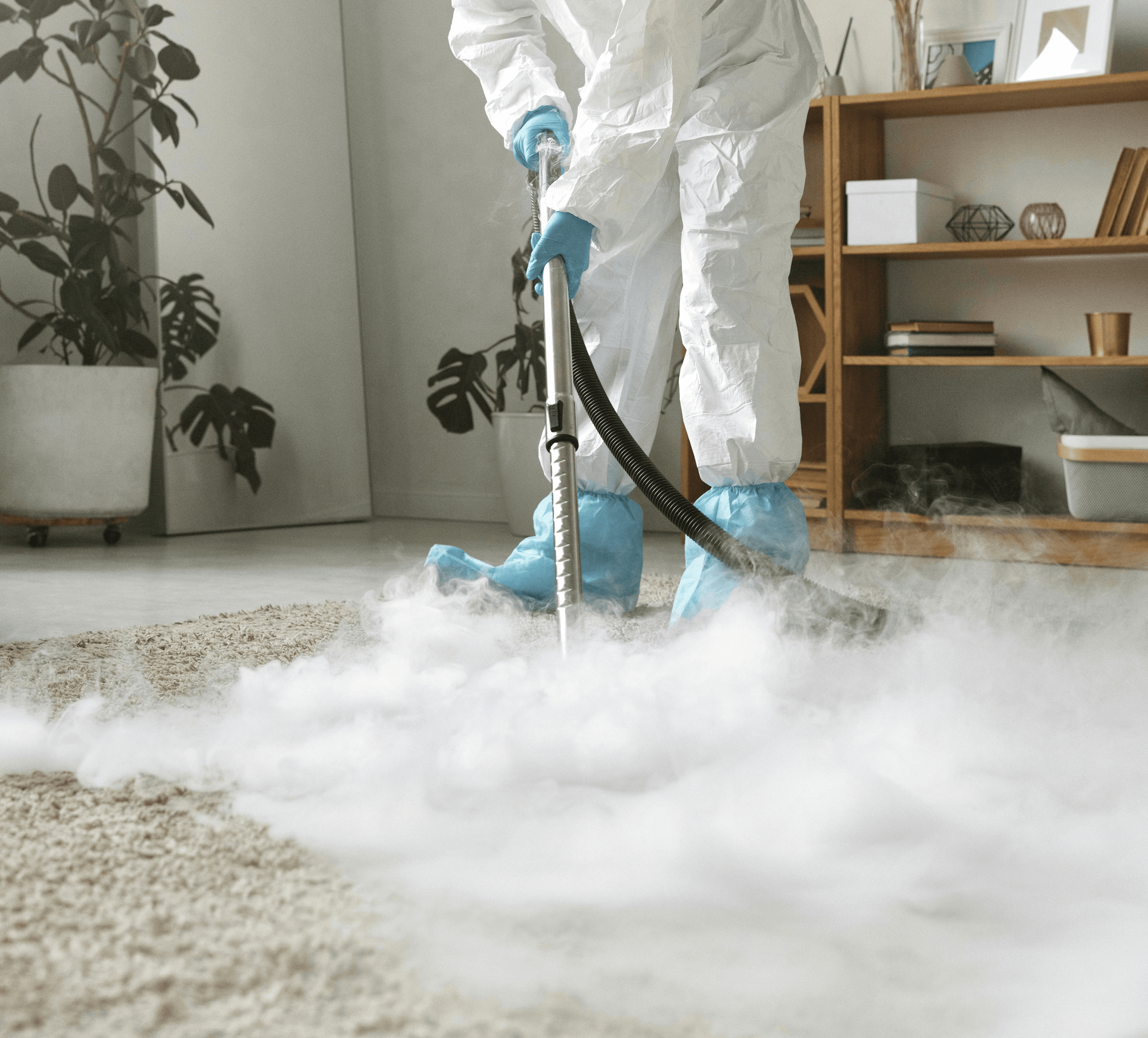 A person in protective suit cleans a carpet.