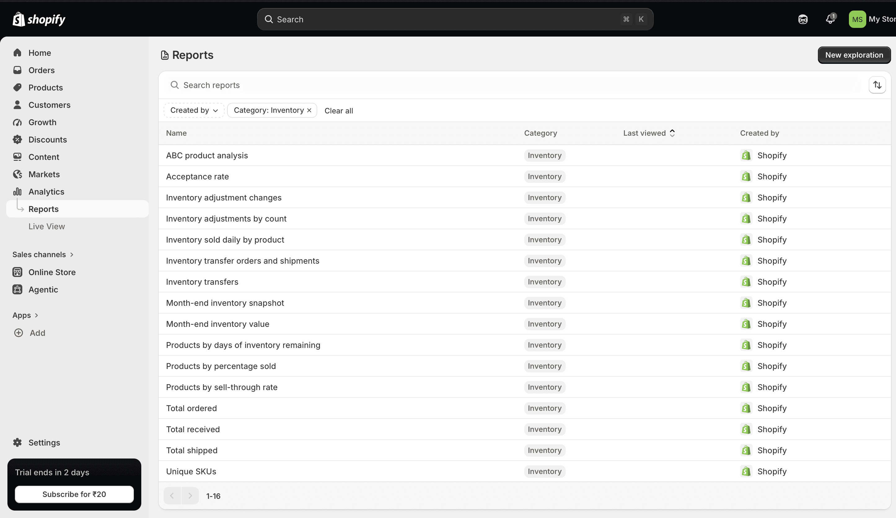 Shopify's report library filtered to Inventory: sixteen reports, every one tagged Inventory, none about bundles