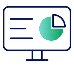 Icon of a report with a pie chart, representing results.