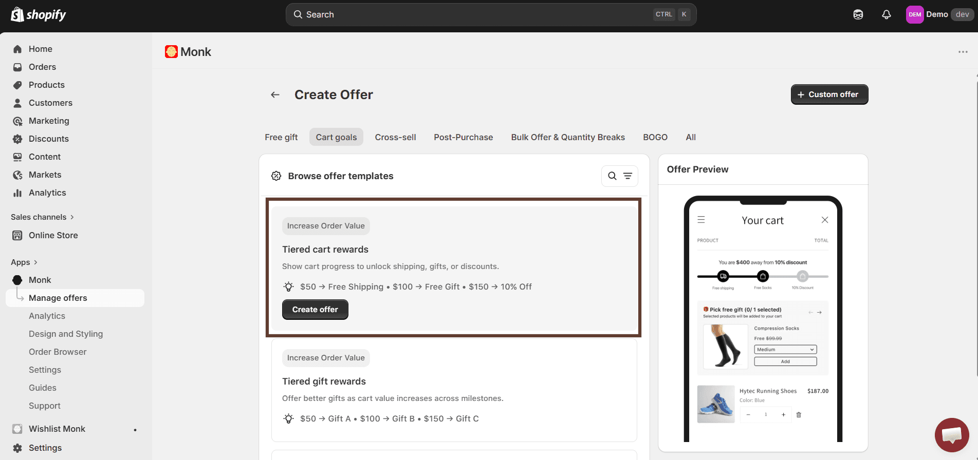 Creating a tiered gifting offer using cart progress bar inside Monk Free Gift Shopify