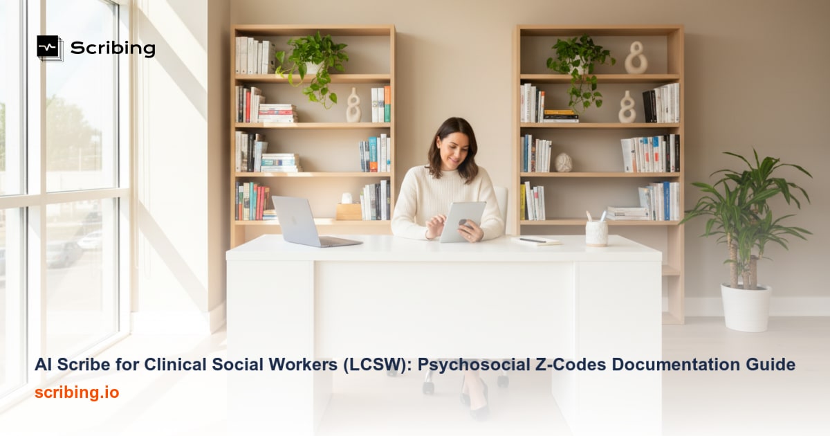Clinical social worker office with laptop showing structured documentation, representing AI scribe technology for psychosocial Z-code documentation in LCSW practice