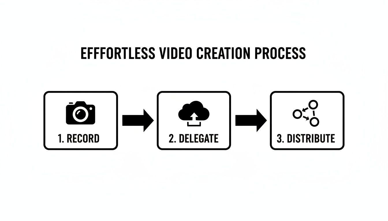 A three-step flowchart showing the effortless video creation process: Record, Delegate, and Distribute.