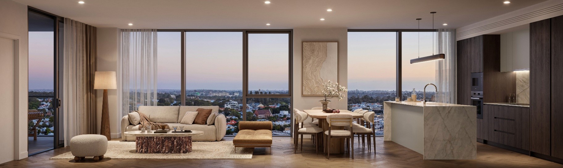 Luxury open plan living at One Oval Subiaco with floor to ceiling windows, Perth apartments from $10k deposit with Coposit