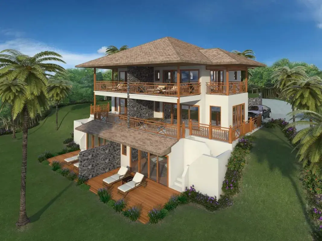 3D rendering of three-story hillside residence with wood decking and ocean views in Fiji Beach Grenadines