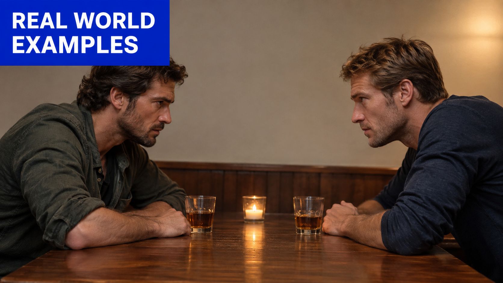 Two men having a serious discussion while sitting at a wooden table with drinks and a candle.