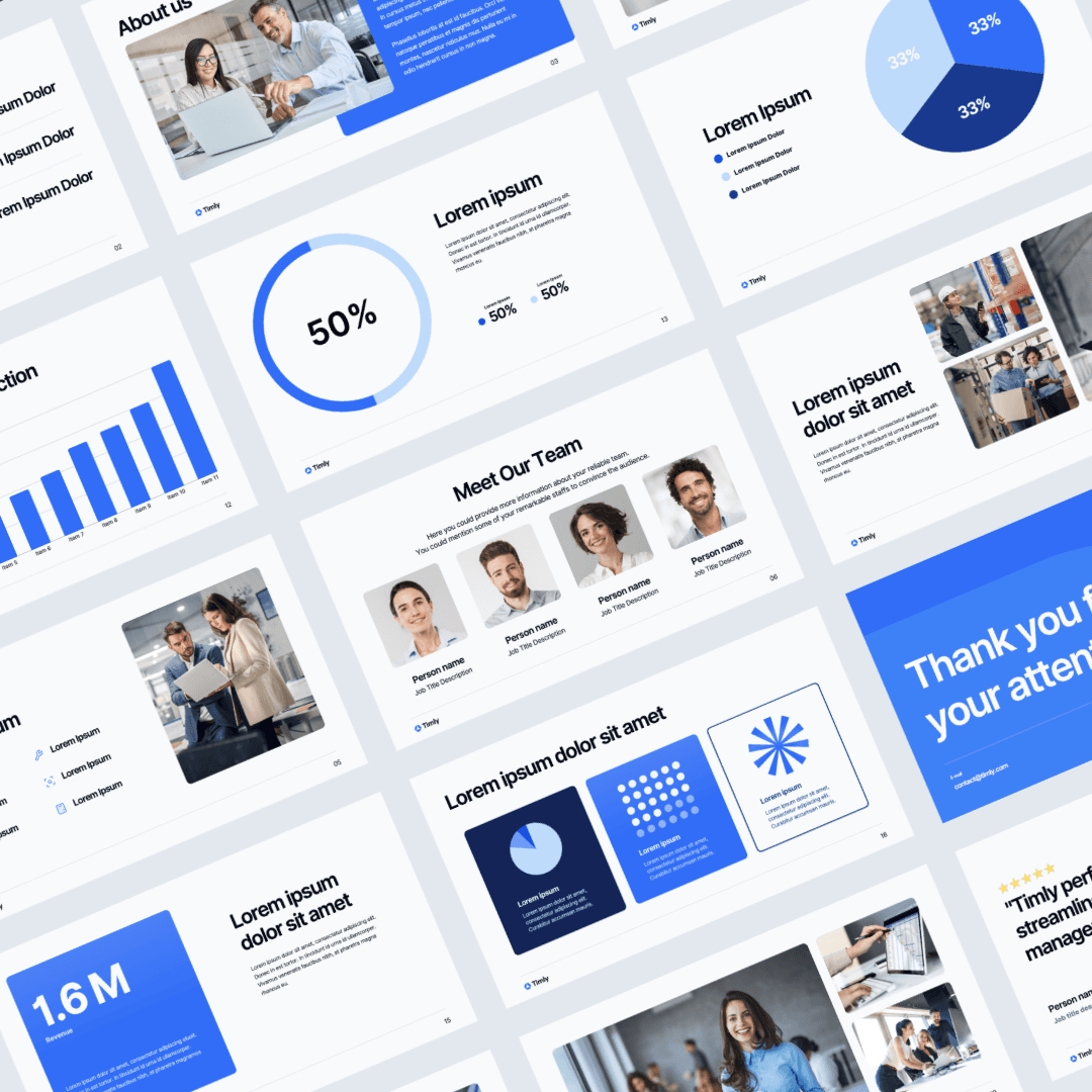 Schräg gestaltete Folienvorlagen für Timlys Präsentationen, die blau markierte Designelemente enthalten, die mit ihrem Unternehmensstil übereinstimmen.