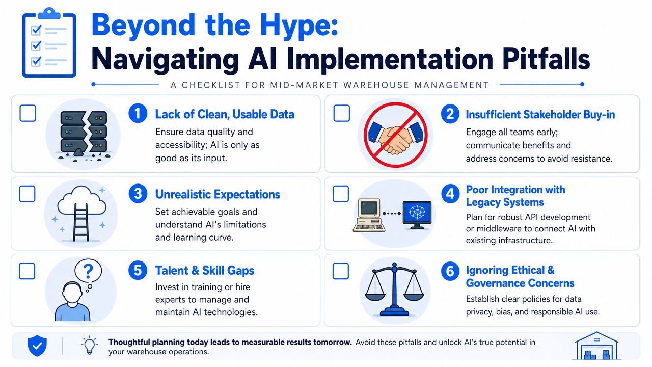 A checklist infographic detailing six key pitfalls to avoid when implementing AI in warehouse management operations.