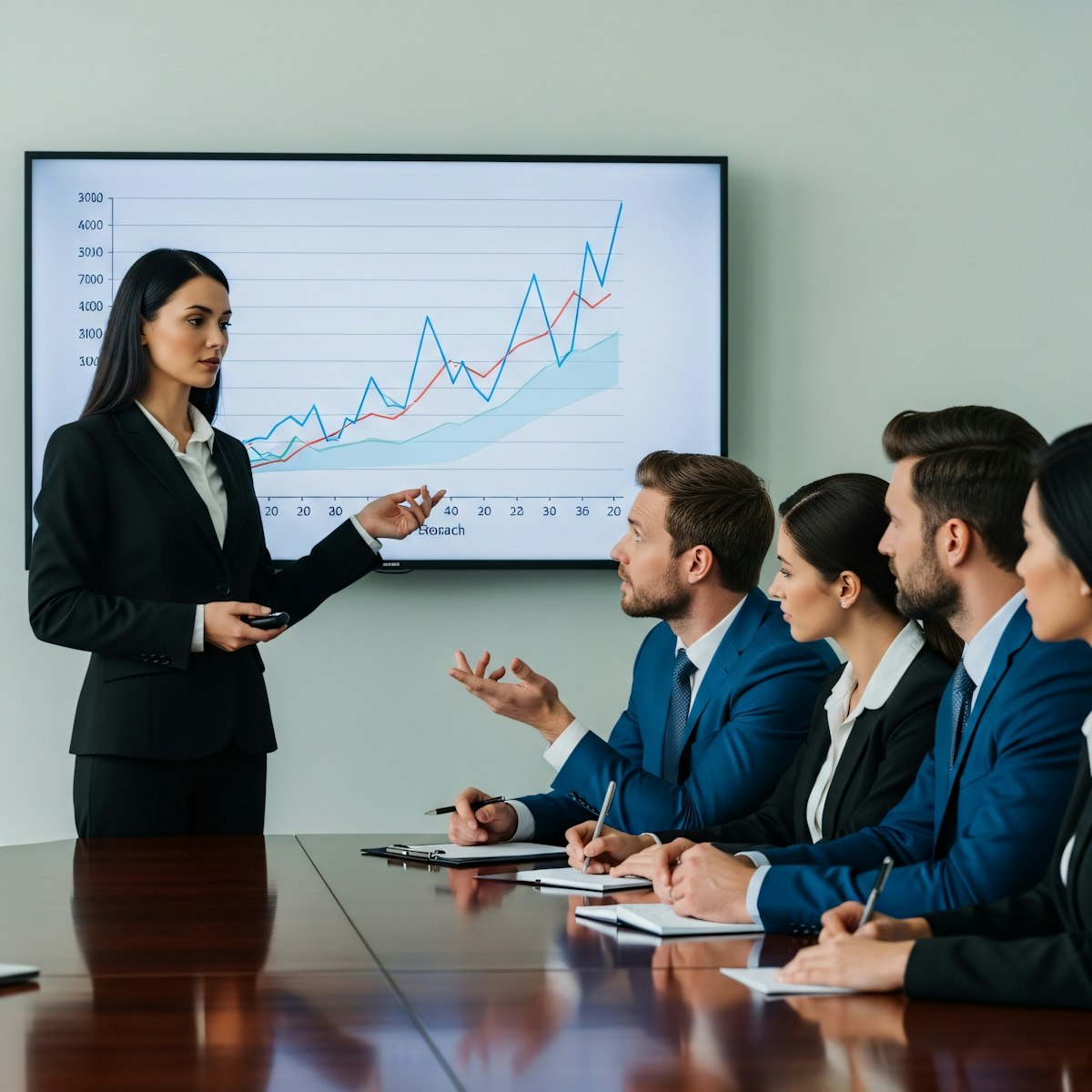Group colleagues discussing work at a minimalist wooden desk.