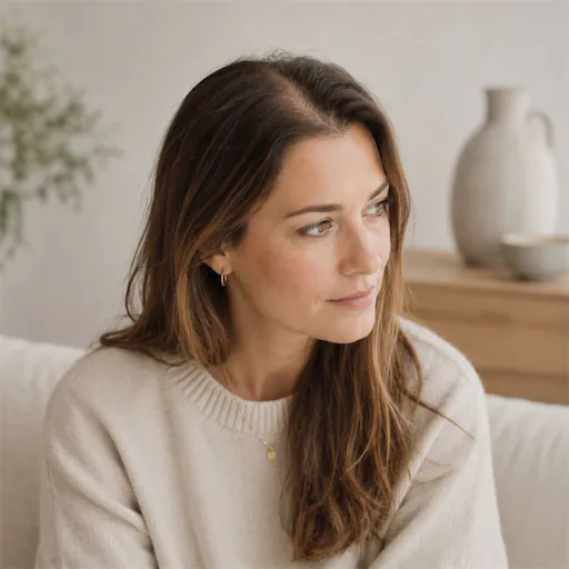 Vrouw in een kalme klinische setting, passend bij diffuse haaruitval door telogeen effluvium.