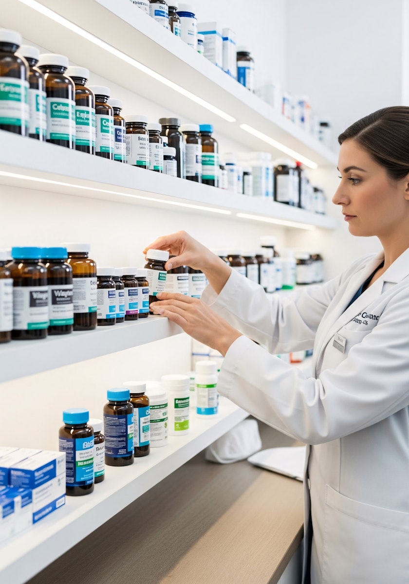 Pharmacist putting away medication bottles