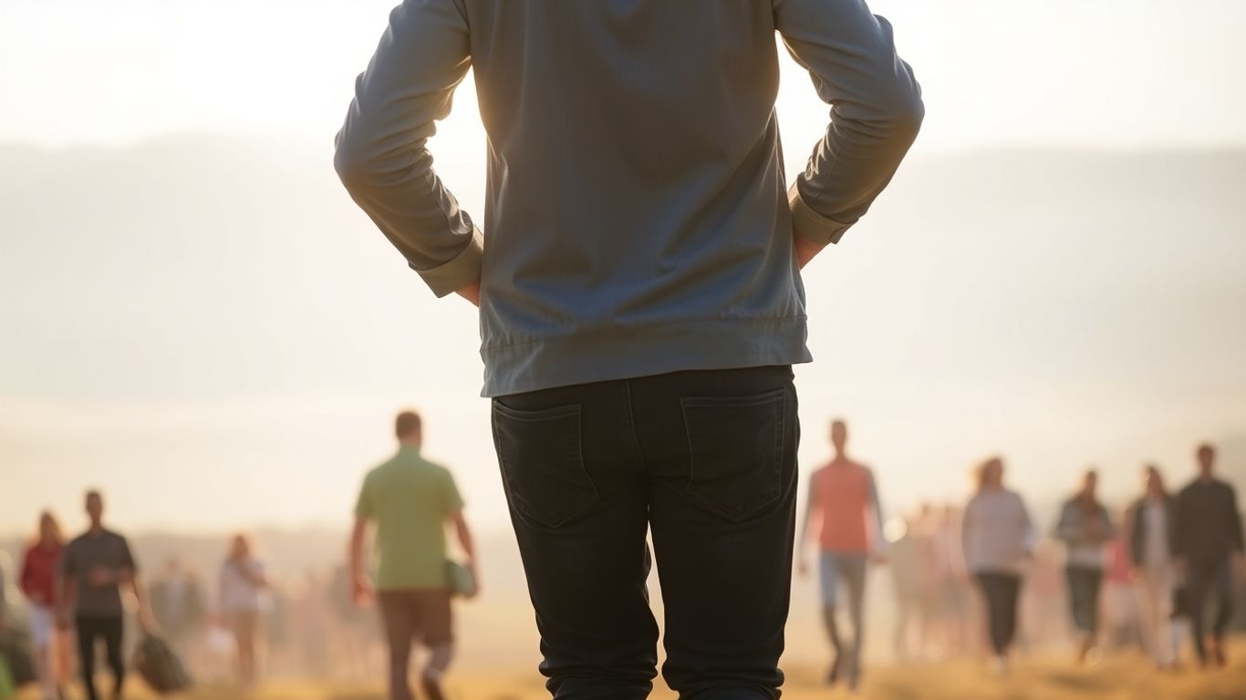 Person walking towards sunlight, leaving a crowd behind.