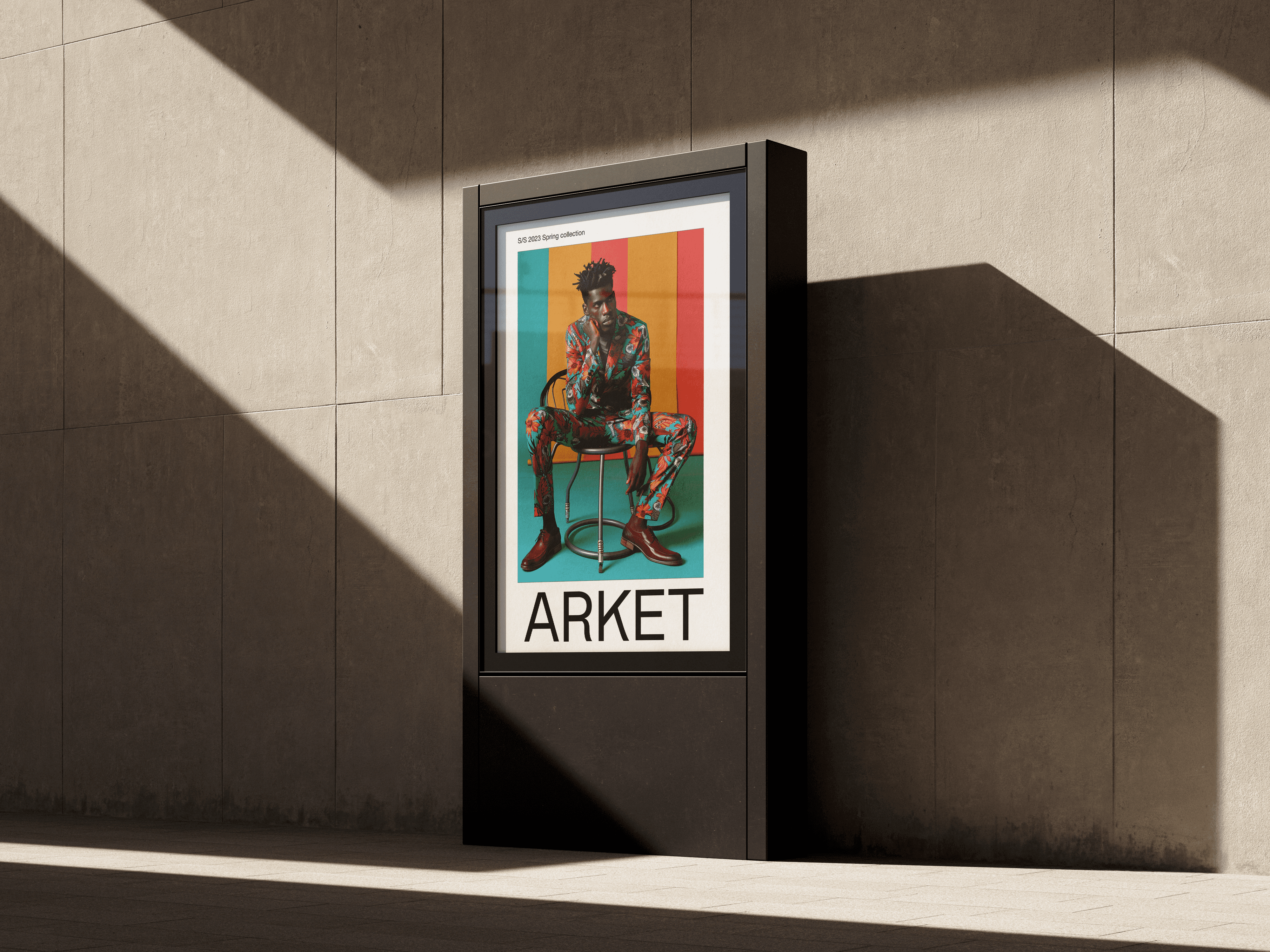 Arket campaign poster with vibrant red background and fashion model artwork mounted on an urban concrete wall with strong shadows