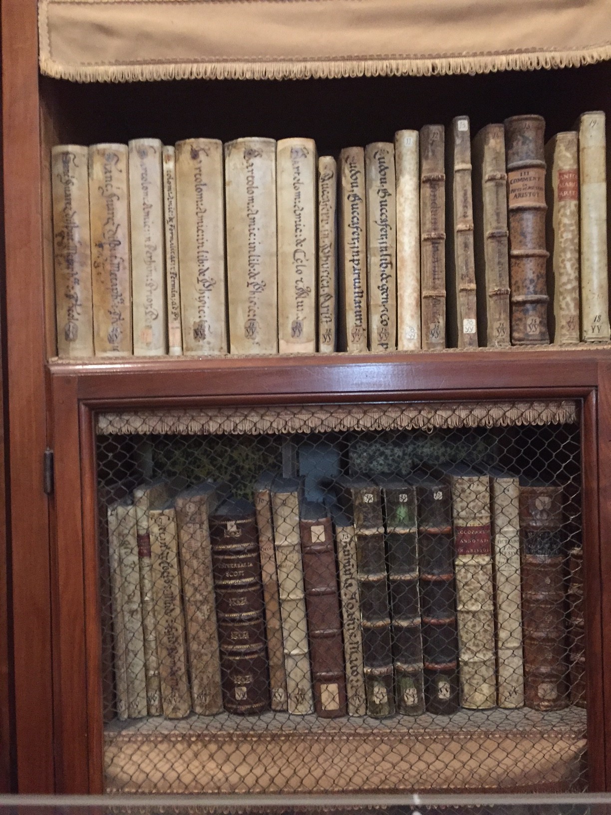 Stash of old books and manuscripts inside a cabinet.