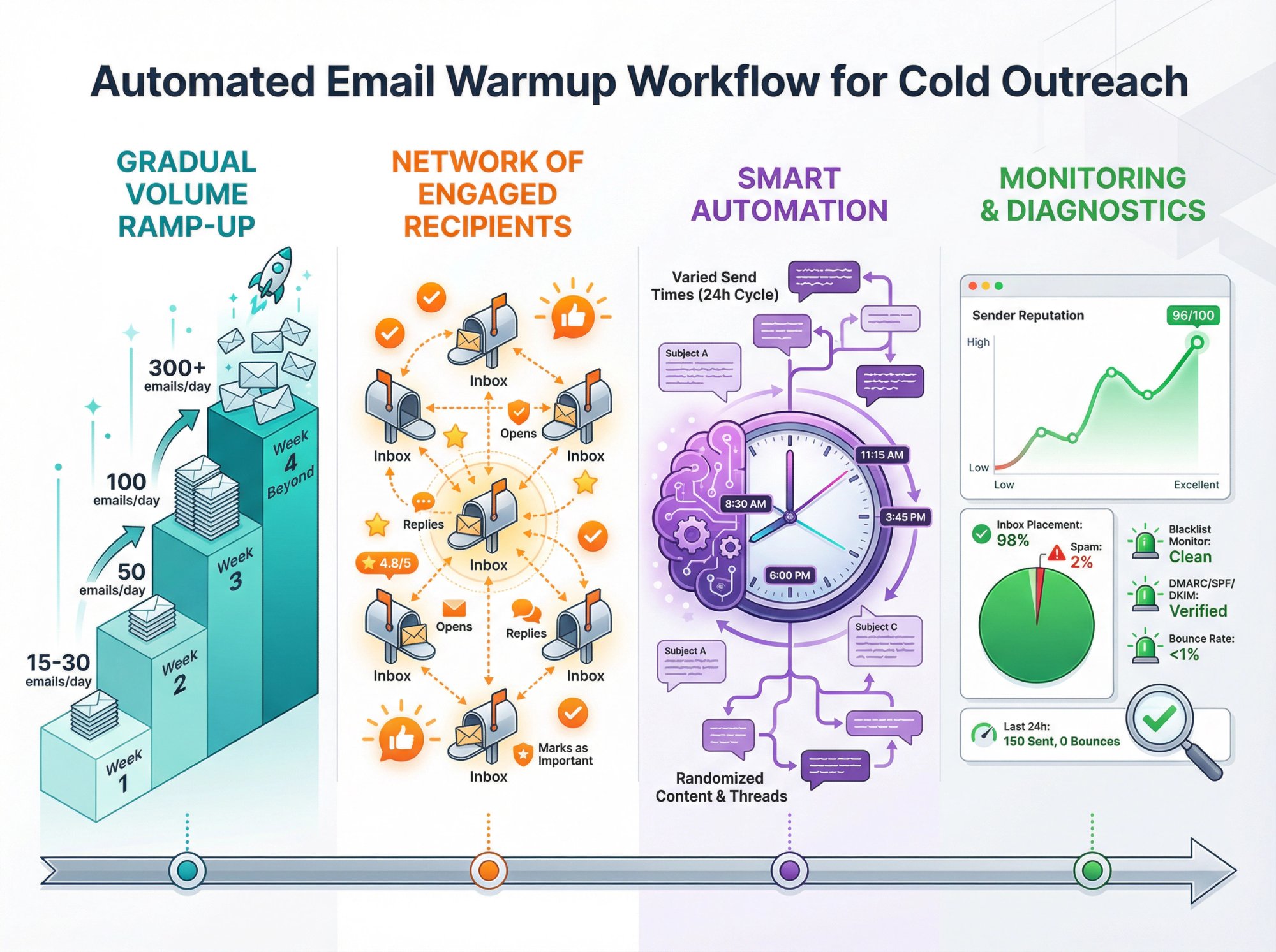 Four-phase automated email warmup process showing volume ramp-up, network engagement, smart automation, and monitoring