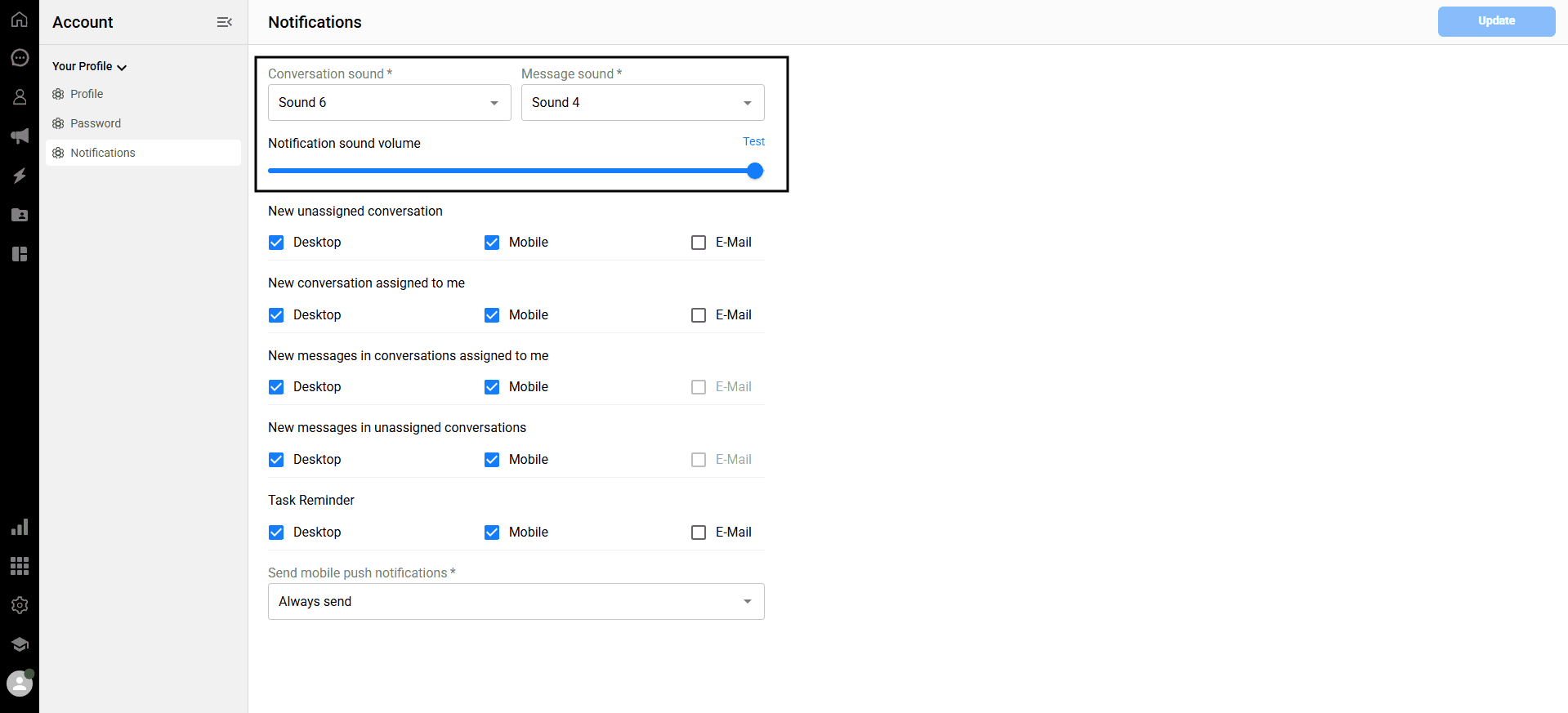 Adjusting chat and message notification sounds in the Qpien dashboard.
