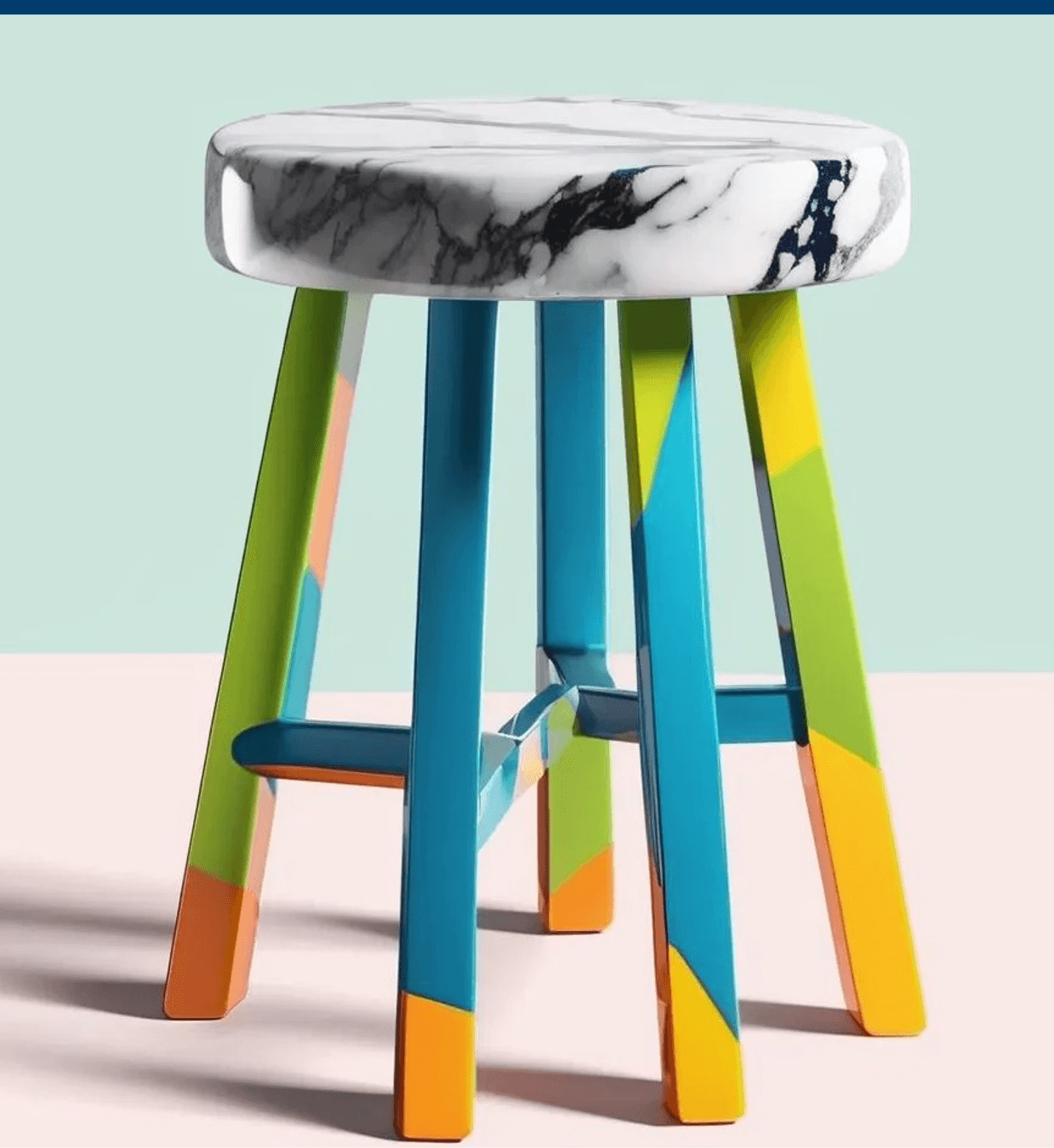 Luxury designer marble stool with multicolor wooden legs and modern design