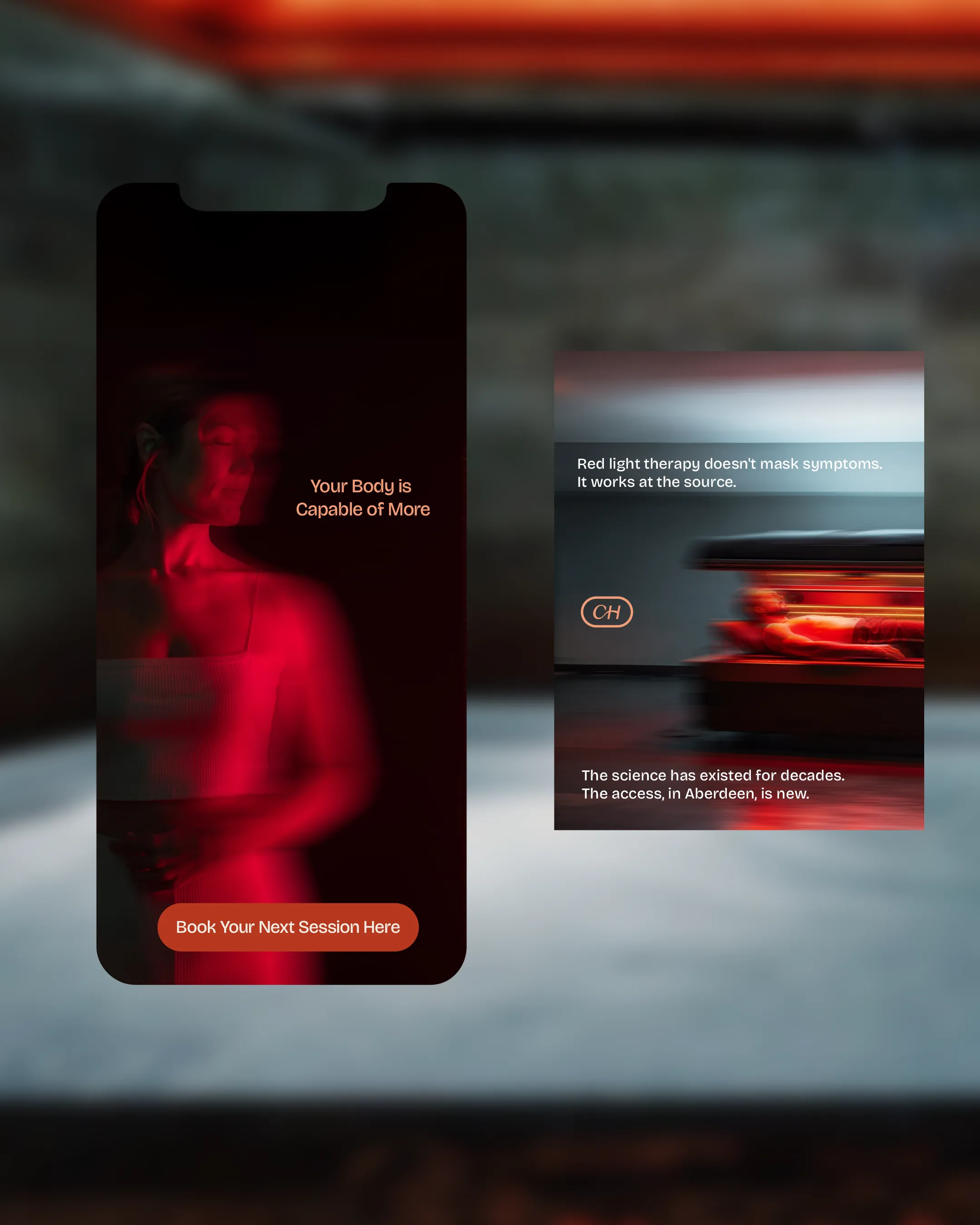 Camden's House social media design — mobile app screen with red light therapy posts