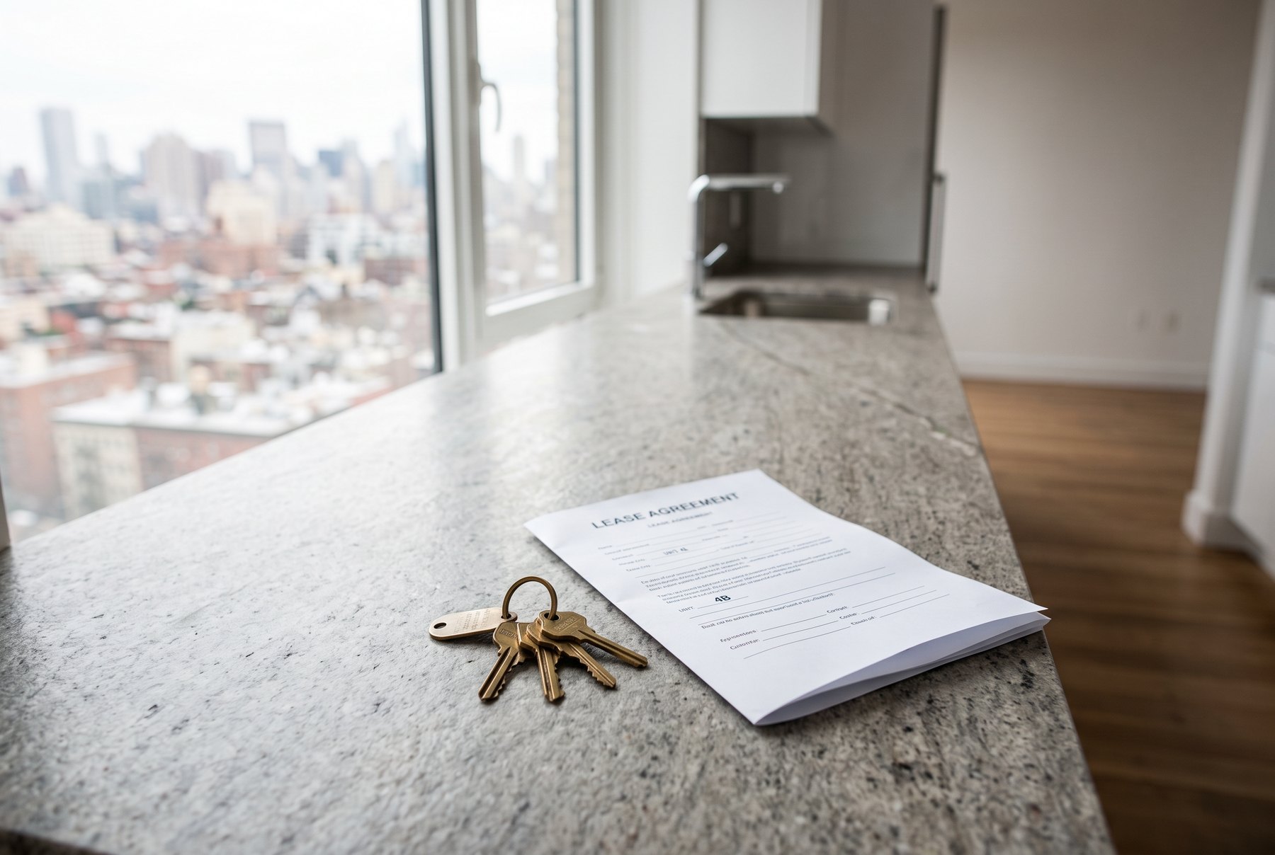 A set of keys on a signed sale contract on a kitchen counter