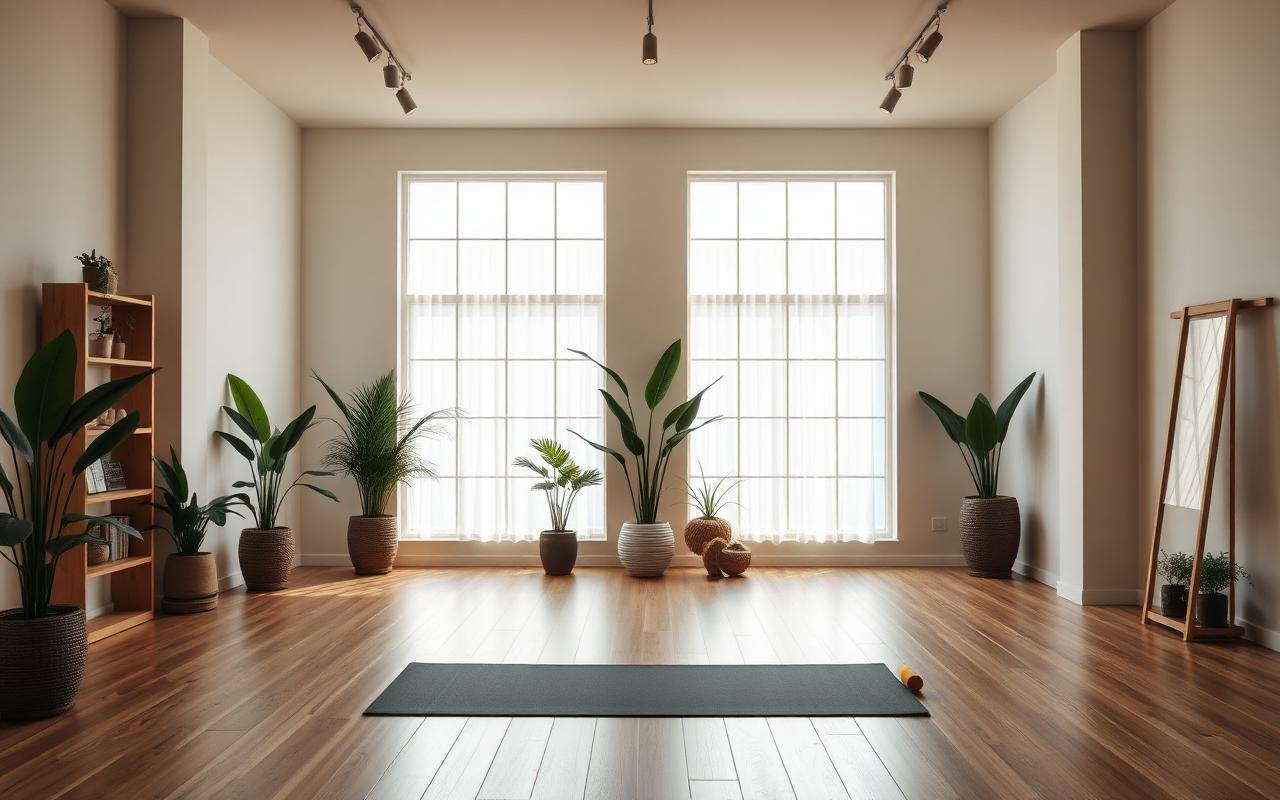 Empty yoga studio with a single mat on wooden floor, large windows and indoor plants