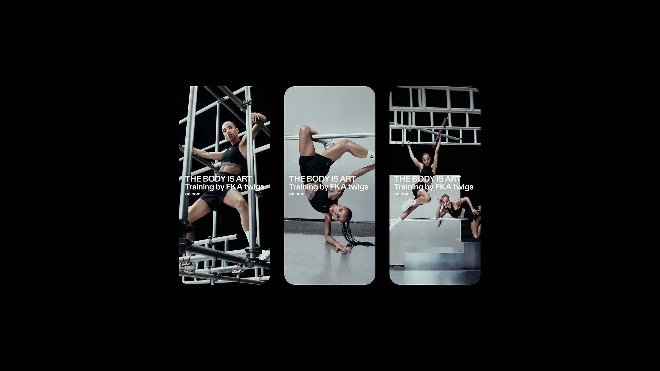 Three dynamic social media story templates for the On x FKA twigs digital campaign, featuring high-fashion visuals and motion-led branding assets developed as part of a global creative studio design strategy.