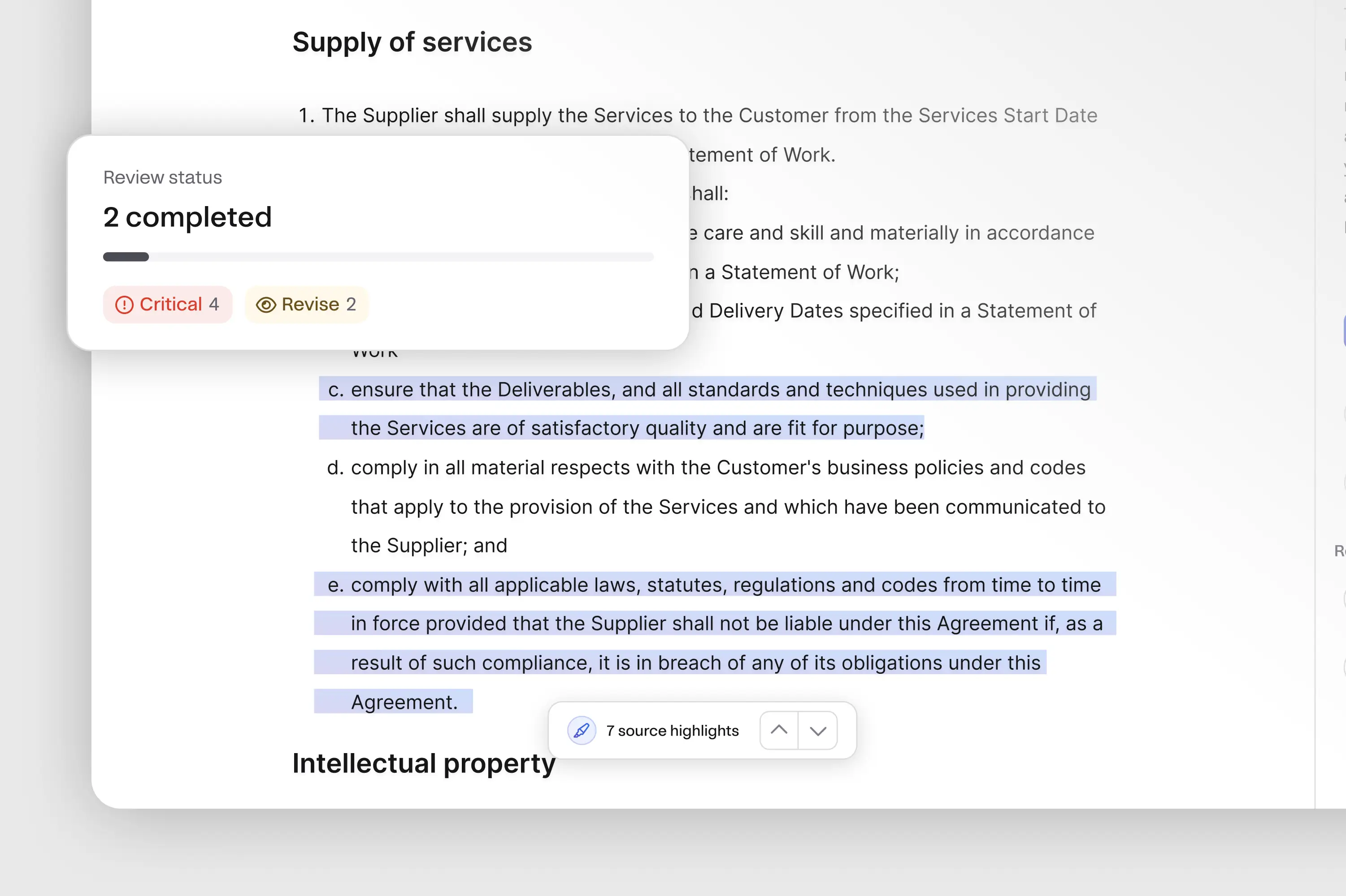 Pocketlaw's contract review interface highlights critical and revision-needed clauses, streamlining negotiation and enabling efficient consensus without back-and-forth.