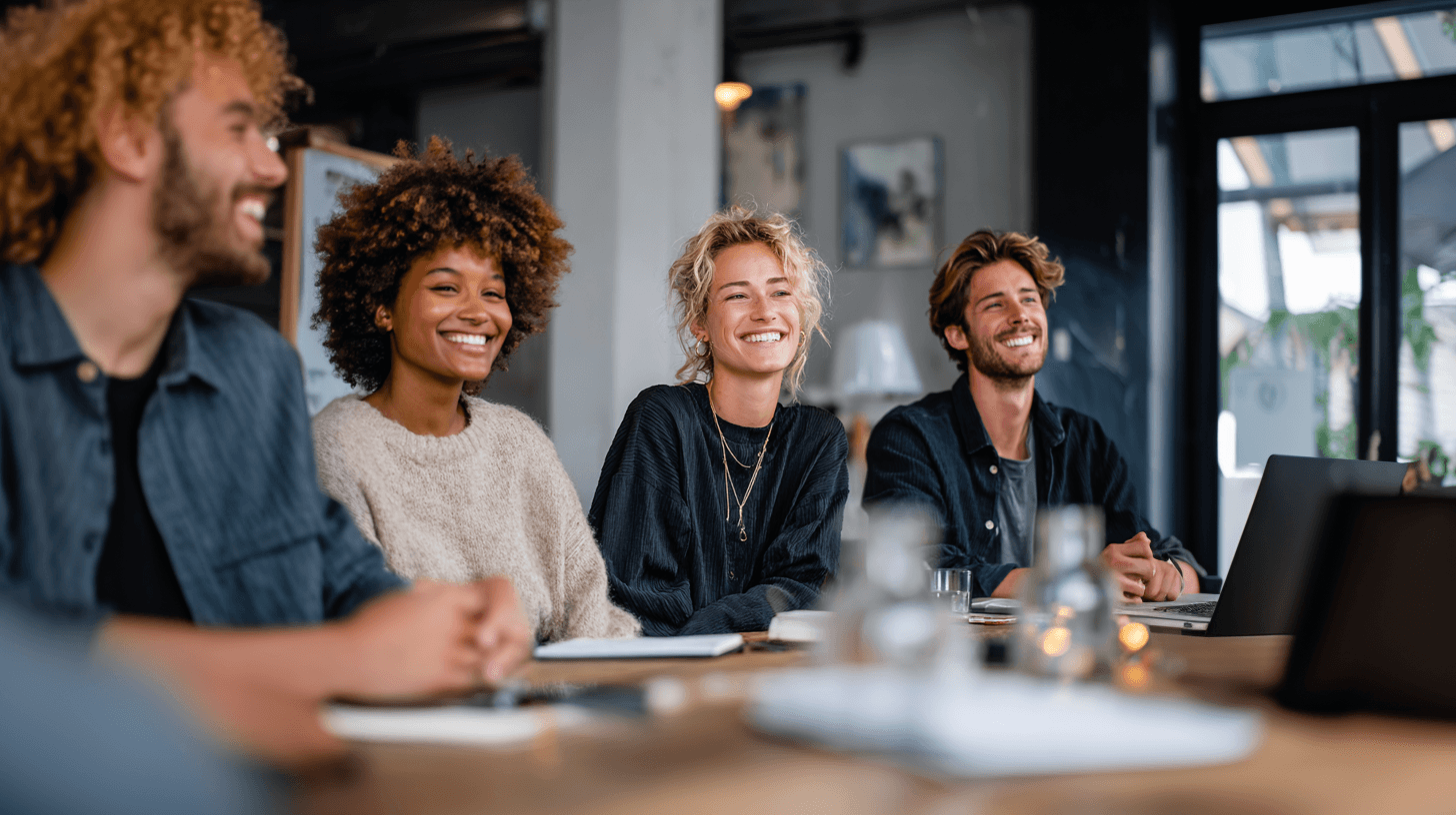Team members happy inside a meeting room