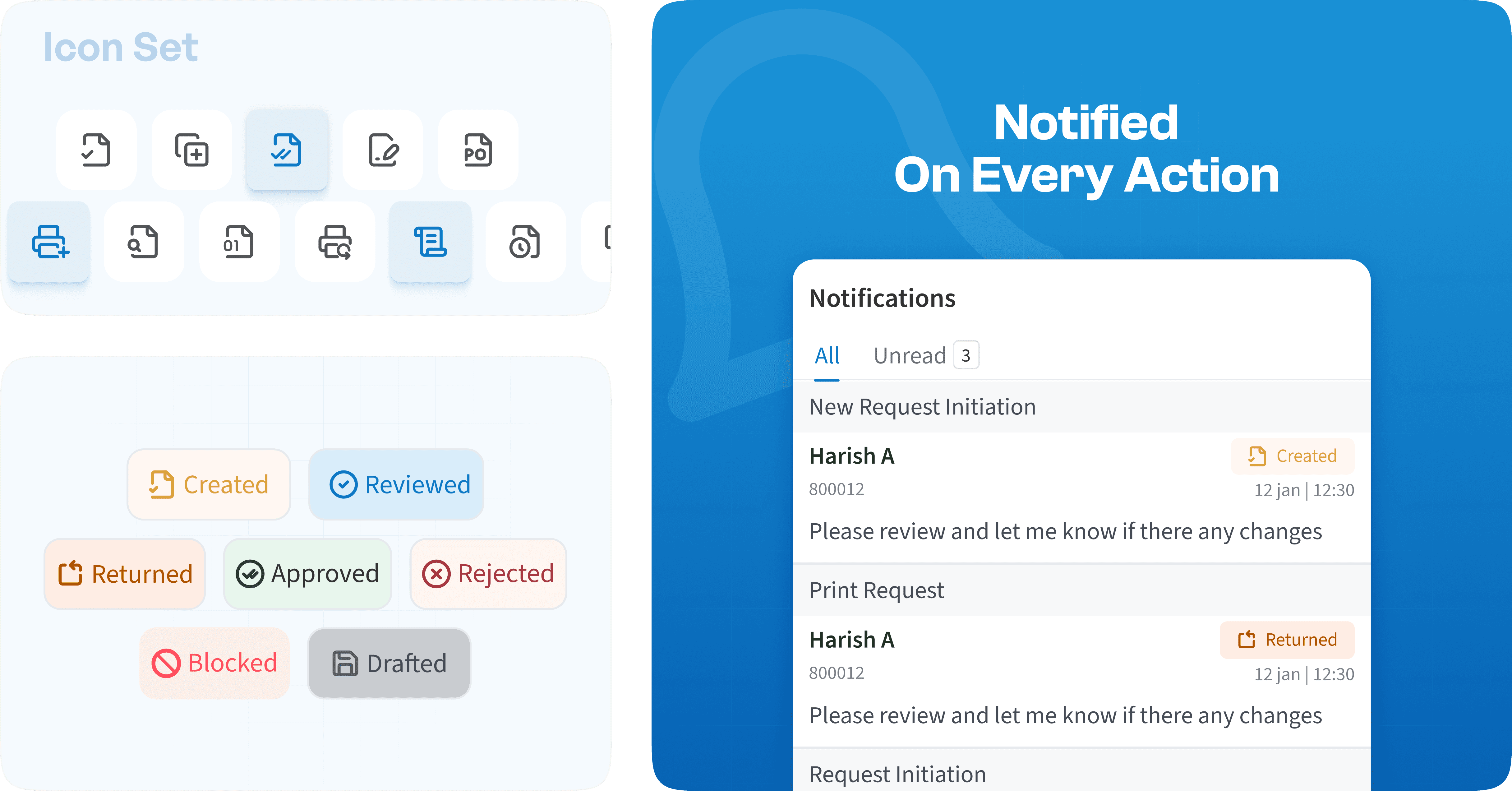 UI icons, workflow status labels, and notification panel
