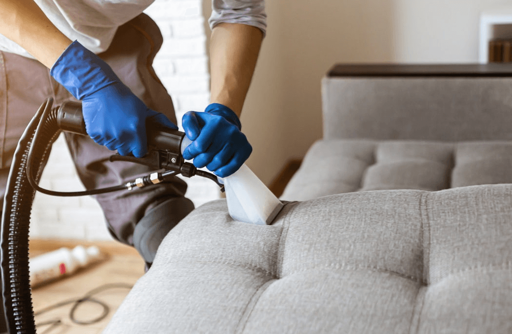 A person in protective suit cleans a carpet.
