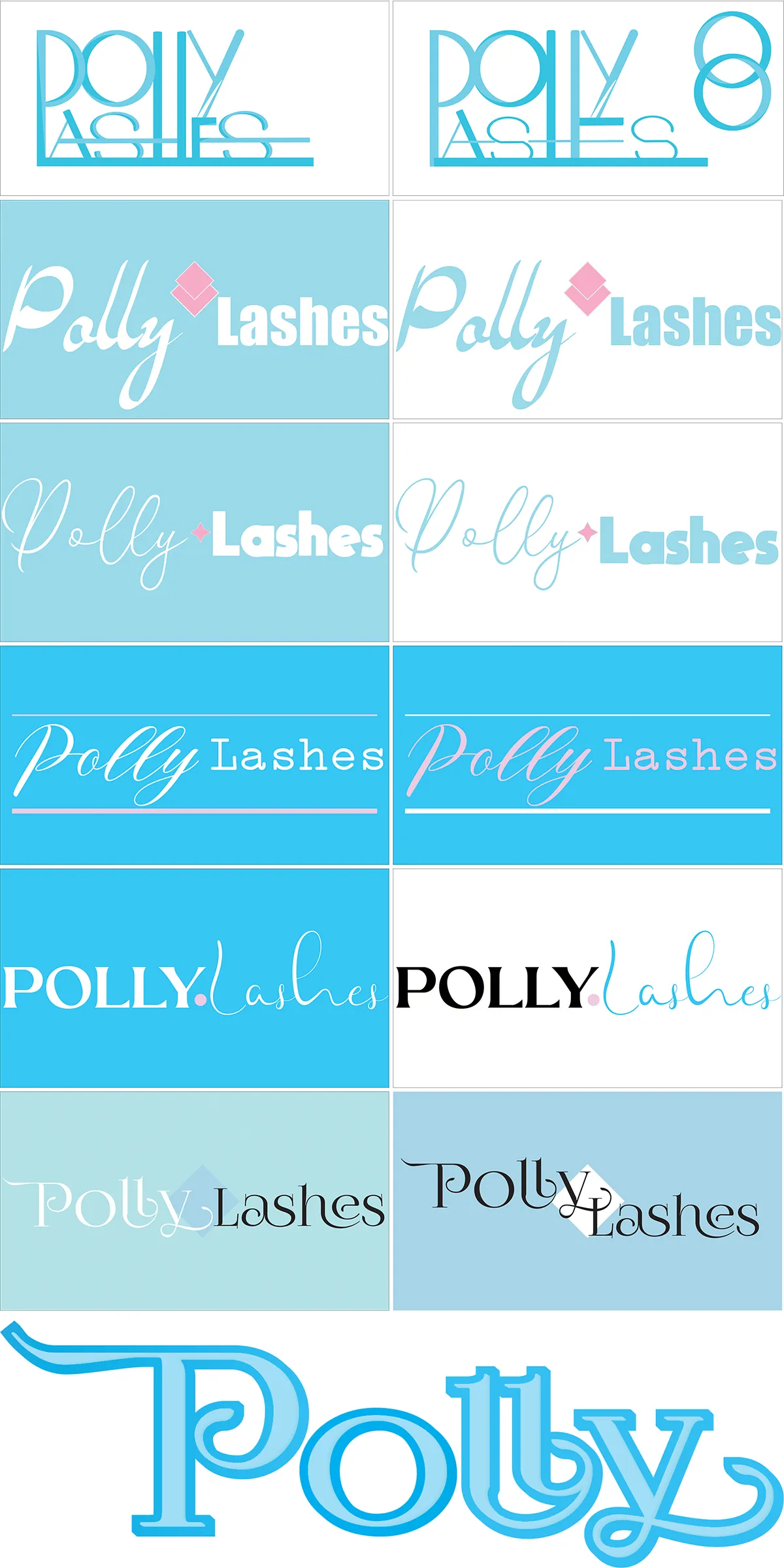 Polly Lashes logo explorations showing multiple directions and colour combinations, designed by The World District.