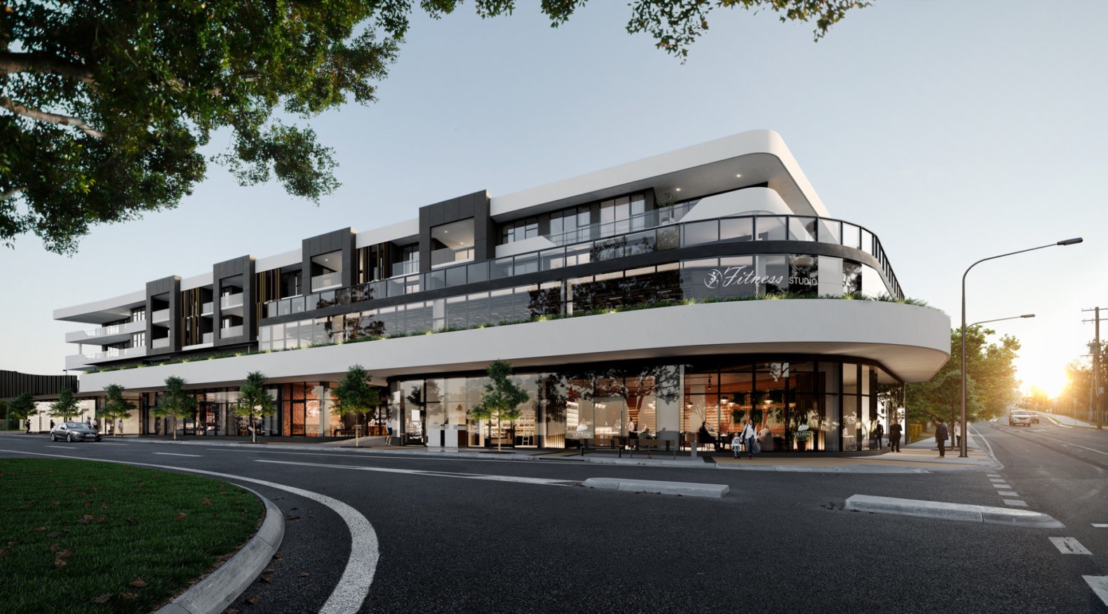 Modern apartment building with a green metal roof, large windows, and glass balconies. The structure features clean lines, wood accents, and a serene ambiance.